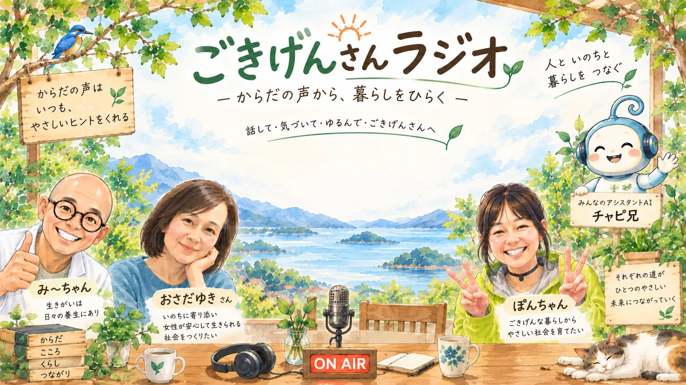 ごきげんさんラジオ ── からだの声から、暮らしをひらく。み〜ちゃん、おさだゆきさん、ぽんちゃん、そしてアシスタントAIのチャピ兄
